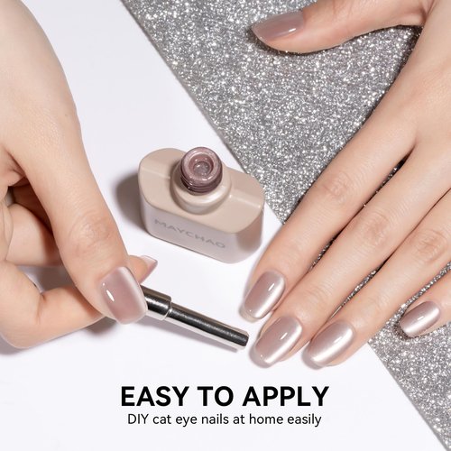 MAYCHAO 15ML Crystal Glassy Nude Cat Eye Gel Nail Polish 1Pc Silk Nude Cat Eye Gel Polish Soak off Holographic Magnetic Nail Polish for Nail Art Manicure Salon DIY at Home, 0.5 OZ