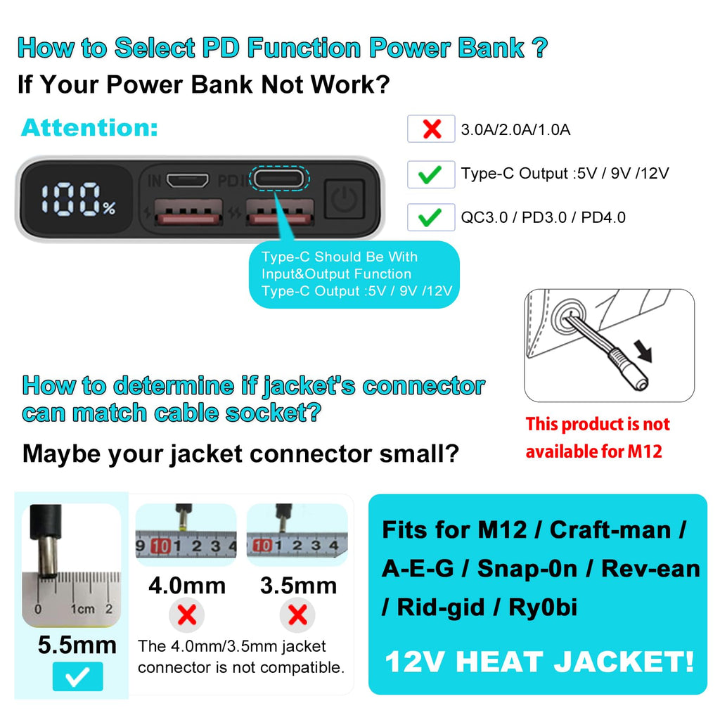 Smarkey 12V Heated Jacket Battery Step-Up Adapter Charger Cable Compatible with Milwaukee, M12, Makita, Snapon, Metabo, Craftsman, AEG Gear (TypeC Stepup 12V 15cm Cable)
