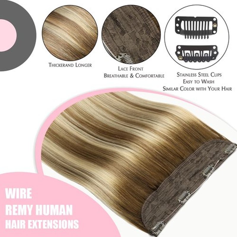 SURNEL Haol Hair Extensions Real Human Hair Balayage Walnut Brown to Ash Brown and Golden Blonde Remy Invisible Wire Hair Extensions14 inch 65g(14,3/8/22)