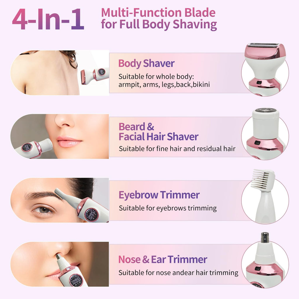 4-in-1 Electric Razor & Bikini Trimmer for Women - Rechargeable Wet/Dry Body Shaver for Face, Legs, Underarms, Pubic Hair, IPX6 Waterproof with LED Light & Travel Lock