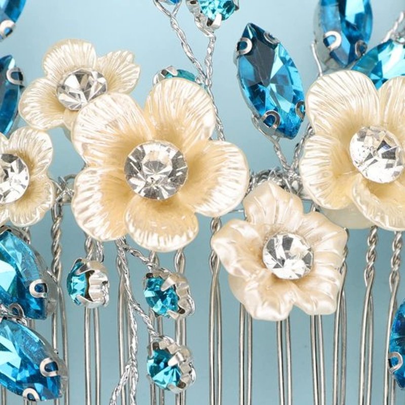 BERYUAN Bridal White Flower Light Blue Crystal Rhinestone Hair Comb for Bride Bridesmaid Sliding side Headpieces Wedding Hair Accessories for Women and Girls (Blue 1)