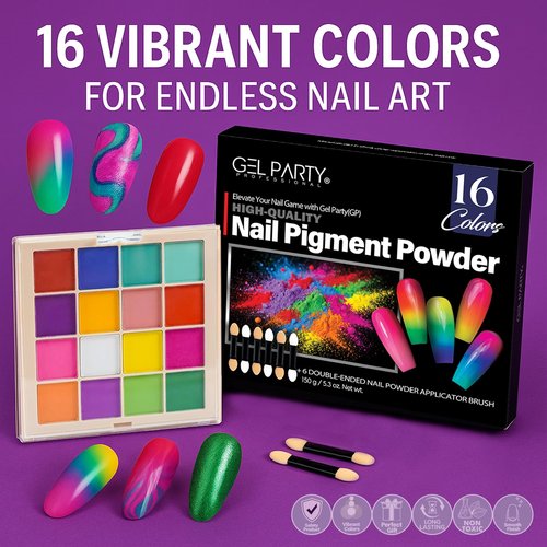 GELPARTY Solid Nail Pigment Palette (16 Colors) - Matte Gradient & Ombre Aura Art - Professional High Saturation Pure Powder (Not Eyeshadow) - One-Stroke, Non-Floating w/ 6 Applicators