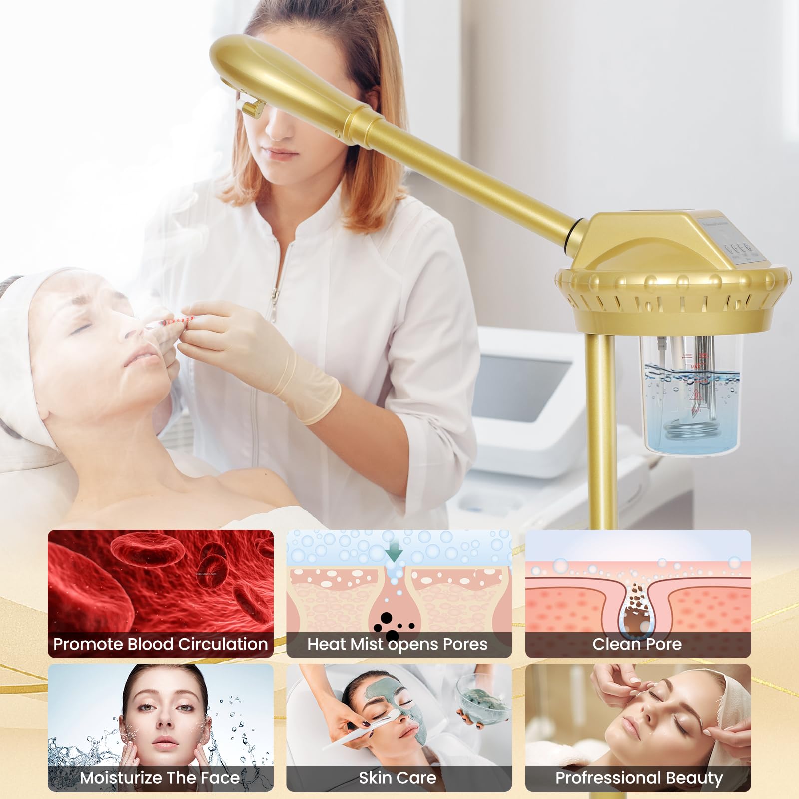 Facial Steamer Professional with More Steam for Deep Cleansing and Hydration, Estheticians Steamer on Wheels with Time Setting, Face Steamer Adjustable Height for Beauty, Spa and Home Use（Golden）
