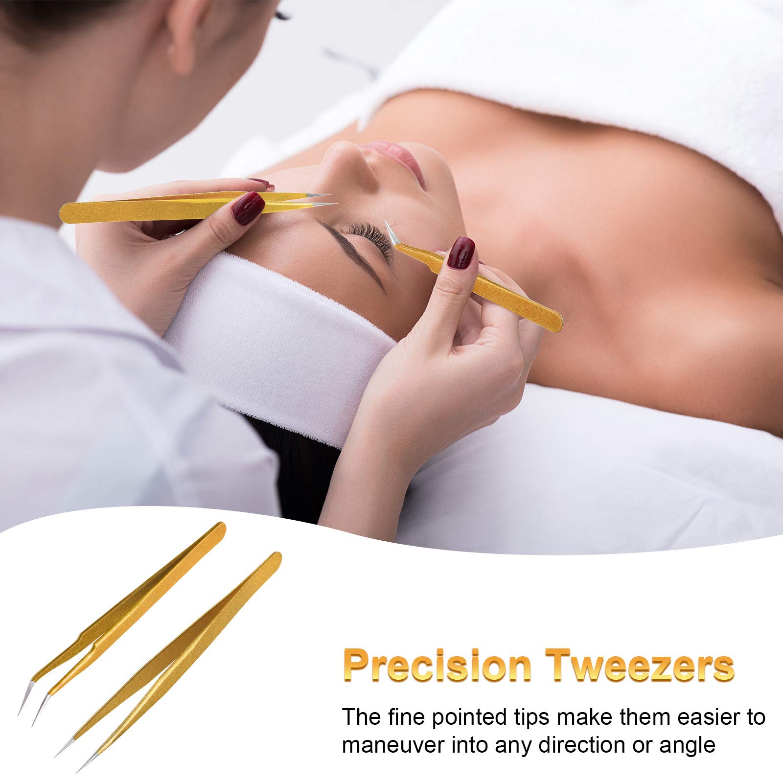 2 Pieces Straight and Curved Tip Tweezers Eyelash Extension Tweezers, Stainless Steel False Lash Application Tools (Gold)