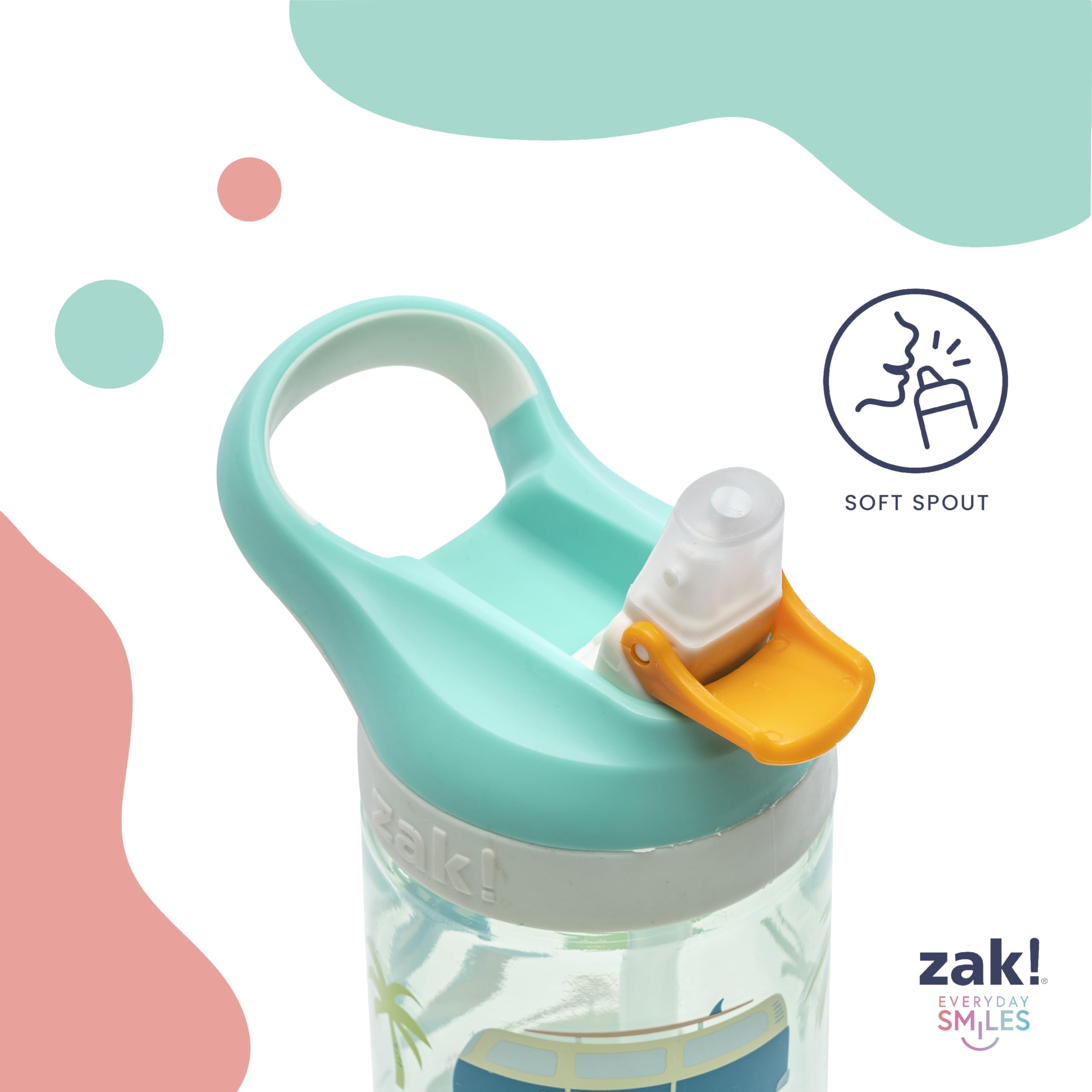 Zak Designs Atlantic Kids Water Bottle For School or Travel, 16oz Durable Plastic Water Bottle With Straw, Handle, and Leak-Proof, Pop-Up Spout Cover, 2-Pack (Zaksaurus and Safari)
