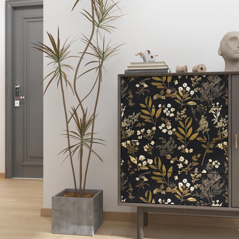 Laatse Vintage Wallpaper Peel and Stick Black Floral Wallpaper 17.5'' x 393'' Gold Leaf Contact Paper Vinyl Waterproof Self Adhesive Boho Botanical Wall Paper for Bedroom Shlef Cabinet Décor