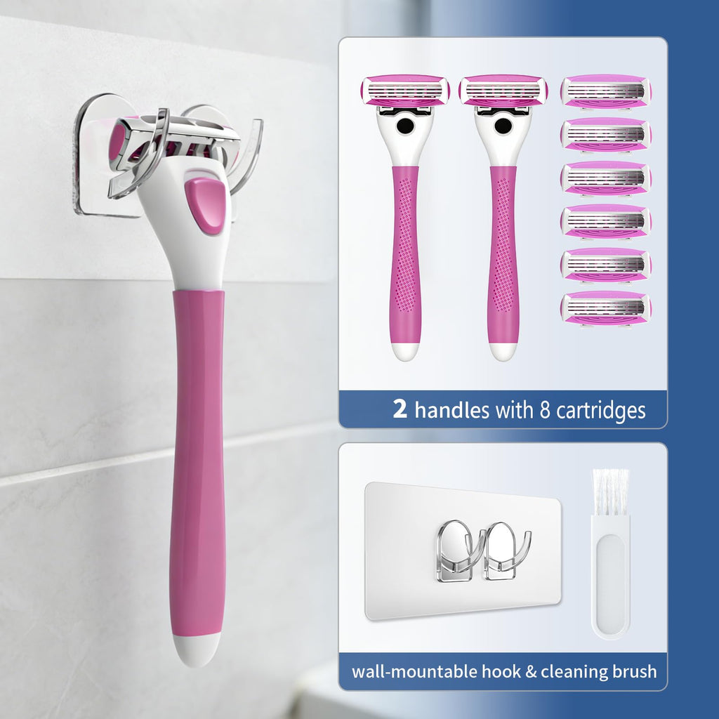 FYNEDGE Women's Safety Razor with 8 Replacement Blade Refills- 4 Blade Razors for Women, 2 Pink Handle Rubber Grip, 45° Pivoting Head, Lubricating Strip & Cleaning Brush for Smooth Shaving