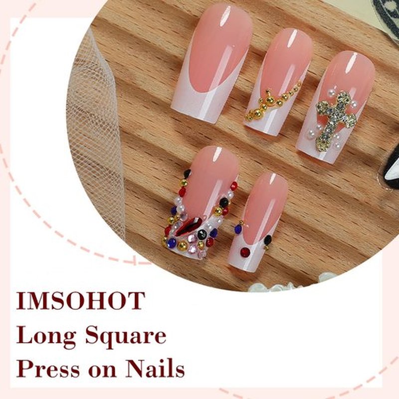 IMSOHOT French Tip Press on Nails - Long Square, Cross Charms, Colorful Rhinestone, Golden Beads Design, White Nude, Luxury, Acrylic Glossy Fake Nails Full Cover Glue on False Nails 24Pcs