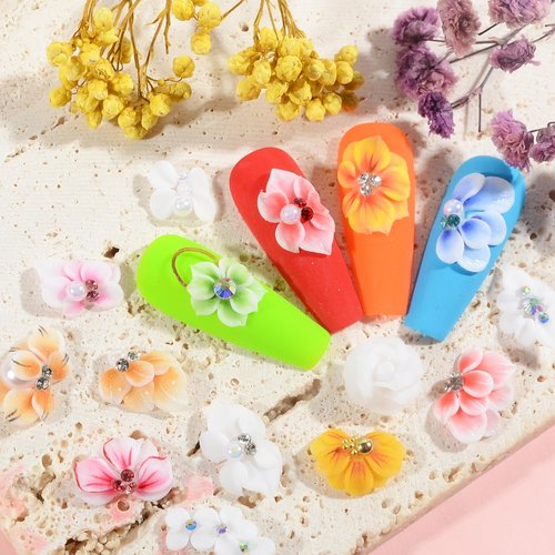 30 Pieces of 3D Flower Nail Art Charm Handmade Acrylic Flowers, Mixing 15 Designs of Summer Nail Water Drops Crystal Acrylic Flower Nail Art Charm for Women's Nail Decoration Gift