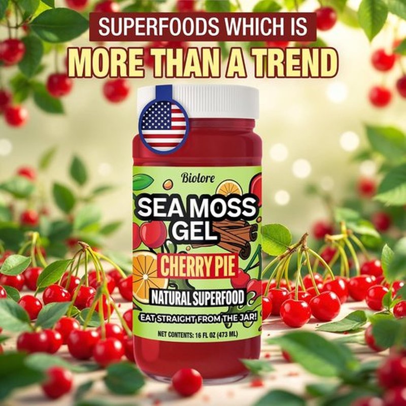 Biolore Sea Moss Gel - Cherry Pie Flavor, Vegan & Wildcrafted Superfood | 16 oz, No Added Sugar, Made in USA