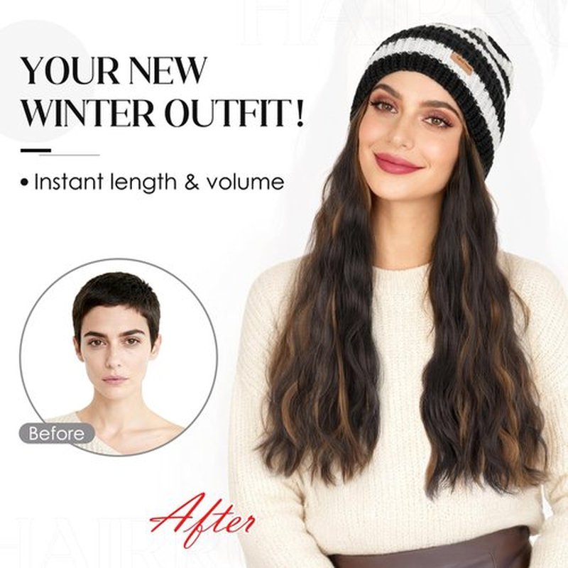 Hairro Hats With Hair Attached For Women Beanie Wig Synthetic Wavy Knitted Hat For Winter Warm Pom Pom Slouchy Cable Hat 18" 240g #4P27 Medium Brown&Dark Blonde