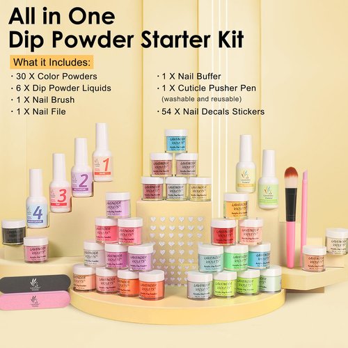 Lavender Violets 94Pcs Dip Powder Nail Kit Starter, 30 Neon Colors Red Purple Green Orange Yellow with Dipping Powder Liquid Set and Nail Art Tool for Colorful DIY Manicure B703