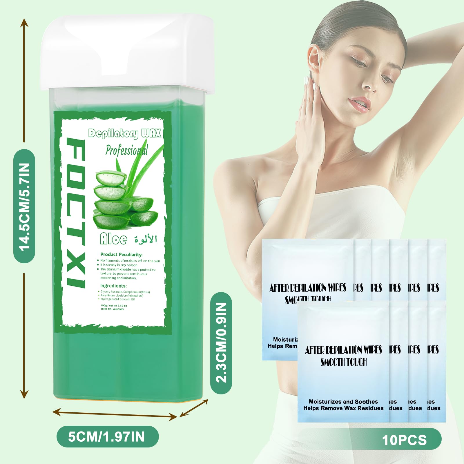 FOCTXI Roll on Wax Cartridge, 4 Hair Removal Aloe Vera Ｗax Cartridge with 10 Pack Cleaning Oil Wipes, Depilatory Wax Roller Refill for Women Sensitive Skin