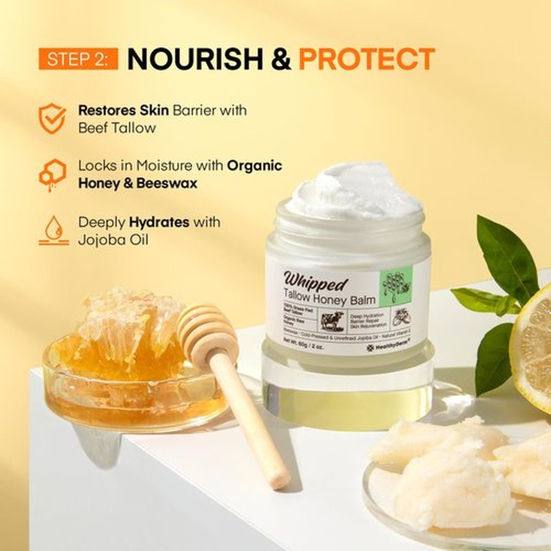 Super Vitamin C with Beef Tallow Honey Balm for Skin Duo – with Peptides & Niacinamide for Face Wrinkles, Lifting, & Age Spots | Complete Anti-Aging Skincare Set for Restoring Radiance to Mature Skin