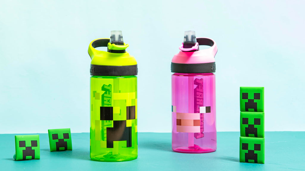 Zak Designs Atlantic Kids Water Bottle For School or Travel, 16oz Durable Plastic Water Bottle With Straw, Handle, and Leak-Proof, Pop-Up Spout Cover, 2-Pack (Zaksaurus and Safari)