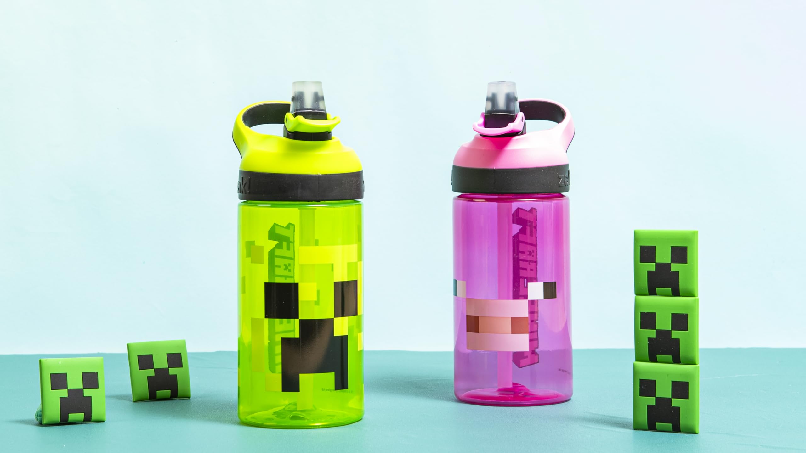 Zak Designs Atlantic Kids Water Bottle For School or Travel, 16oz Durable Plastic Water Bottle With Straw, Handle, and Leak-Proof, Pop-Up Spout Cover, 2-Pack (Zaksaurus and Safari)