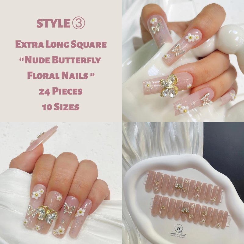 VESWEET Extra Long Square Press on Nails – 4 Boxes Fake Nail Set with 3D Designs | False Nail Tips for Women | Glue on Nail Art Kit | Gift for Her