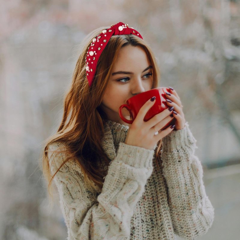 Uintoon Red Headband for Women Pearl Knotted Headband Sparkly Rhinestone Pearls Top Knotted Headbands Womens Fashion Hair Accessories Cute Hair Bands
