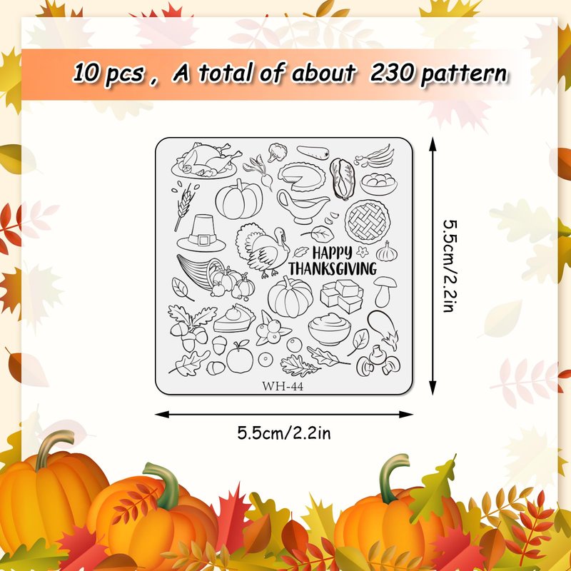 Whaline 10 Sheet Thanksgiving Nail Art Stamping Plates Kit Happy Fall Pumpkins Maple Leaf Gnome Plaid Autumn Blessings Collection Nail Art Plate for Autumn Thanksgiving Design DIY Print