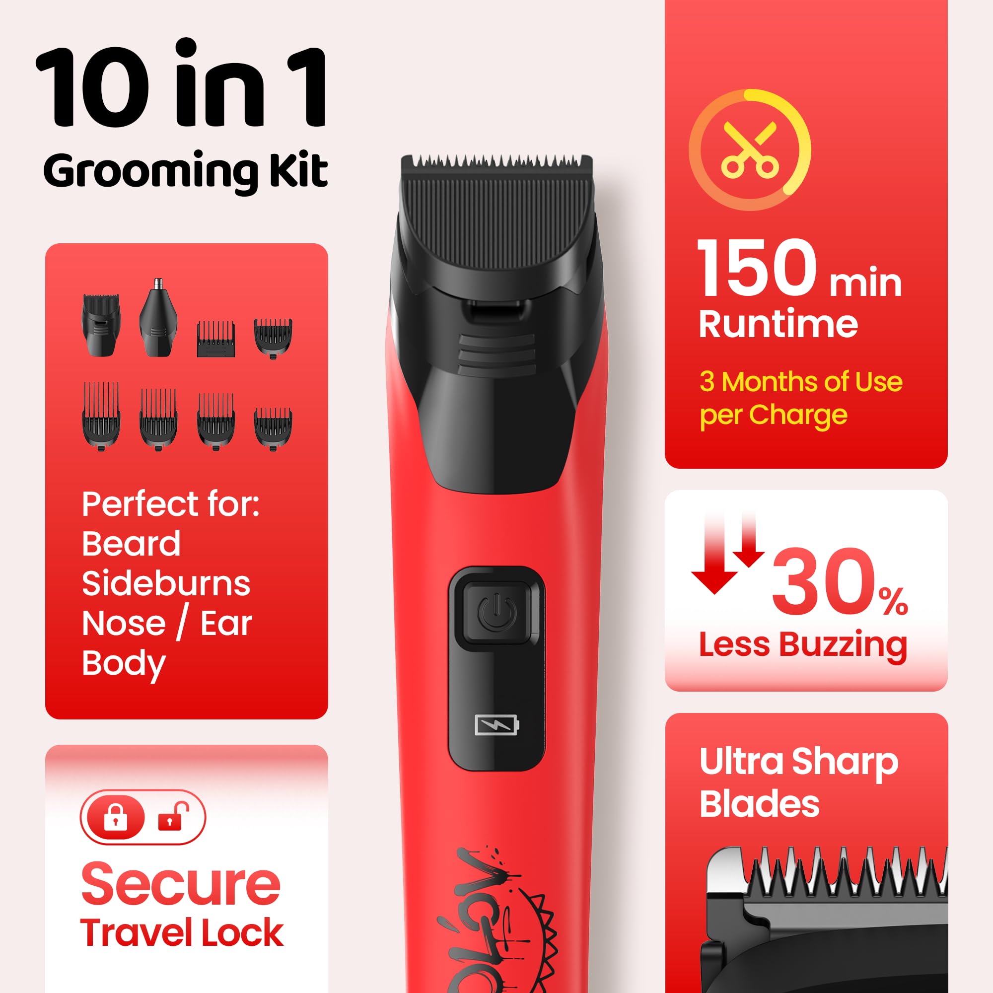 OLOV LITE Electric Beard Trimmer for Men,Nose Hair Trimmer & Electric Razor 10-in-1 Grooming Kit Cordless Shaver Gift-Ready for Men(Red)