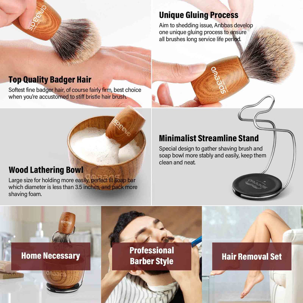 Anbbas Pure Badger Hair Shaving Brush Wood Handle and Large Soap Bowl with Stainless Steel Shaving Stand 3in1 Kit for Men