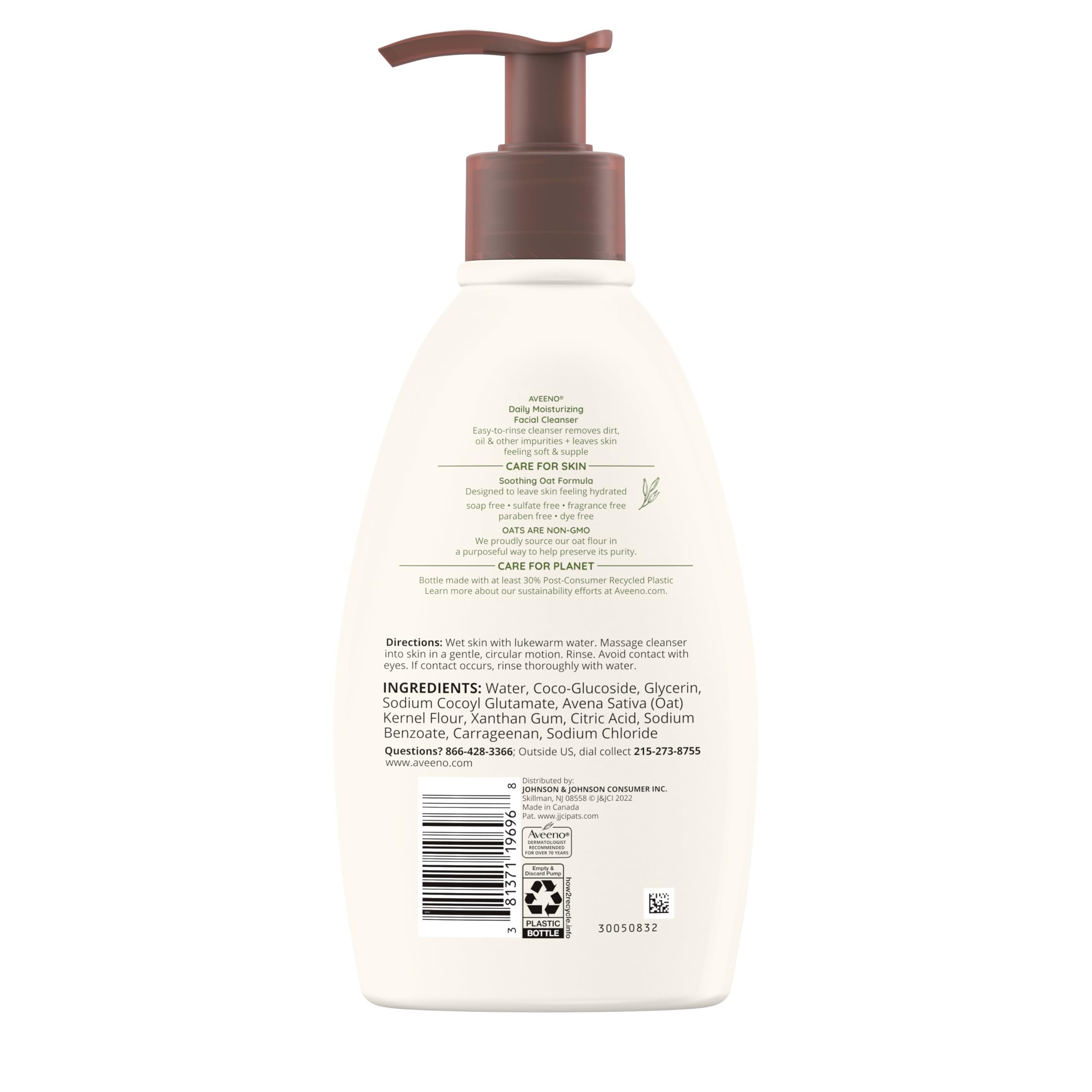 Aveeno Daily Moisturizing Facial Cleanser for Dry Skin, Gentle Face Cleanser with Soothing Oat for Skin that Feels Soft & Supple, Removes Dirt, Oil and Impurities, Fragrance Free, 12 FL OZ