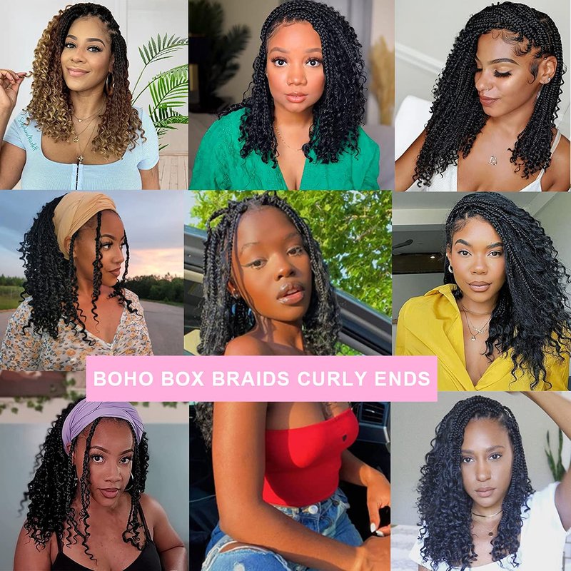 Unionbeauty 8 Packs 10 Inch Boho Box Braids Crochet Hair Goddess Box Braids Crochet Hair for Black Woman with Curly Ends Bohemian Hippie Crochet Braids Hair Synthetic Braiding Hair Extension for Kids