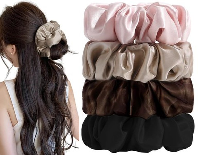 4PCS Large Pillow Scrunchies,Sleep Scrunchies for Women,Big Hair Scrunchies for Thick Hair,Filling Satin Hair Tie No Damage,Heatless Curling Scrunchies,Satin Ponytail Holders(4PCS,A)