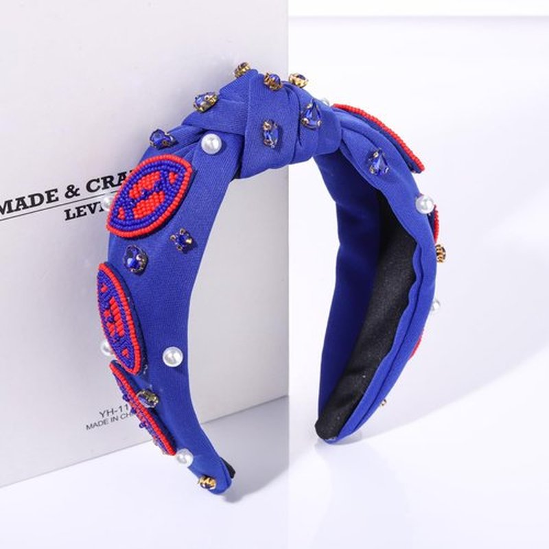 JERTOCLE Game Day Headbands for Women Beaded Football Knotted Headband Pearl Crystal Embellished Wide Headband Sports Fan Game Day Hair Accessories (Blue)
