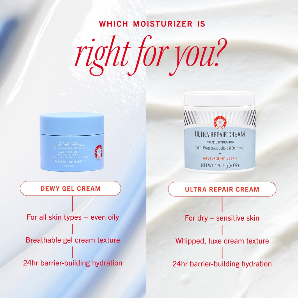 First Aid Beauty Hydrating Dewy Gel Cream, Oil-Free Facial Moisturizer with Hyaluronic Acid & Ceramides, Improve Hydration & Reduce Excess Oil, Oily & Sensitive Skin, 1.9 fl oz