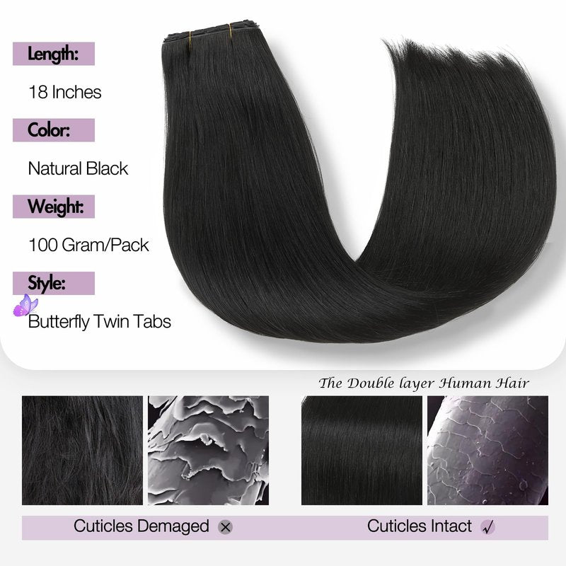 WIGER Invisible Butterfly Hair Extensions Real Human Hair Double Layer Genius PU Skin Weft Hand-tied Injected Remy Human Hair Extensions Twin Tabs 18 Inches Black Micro Bead Hair Extensions