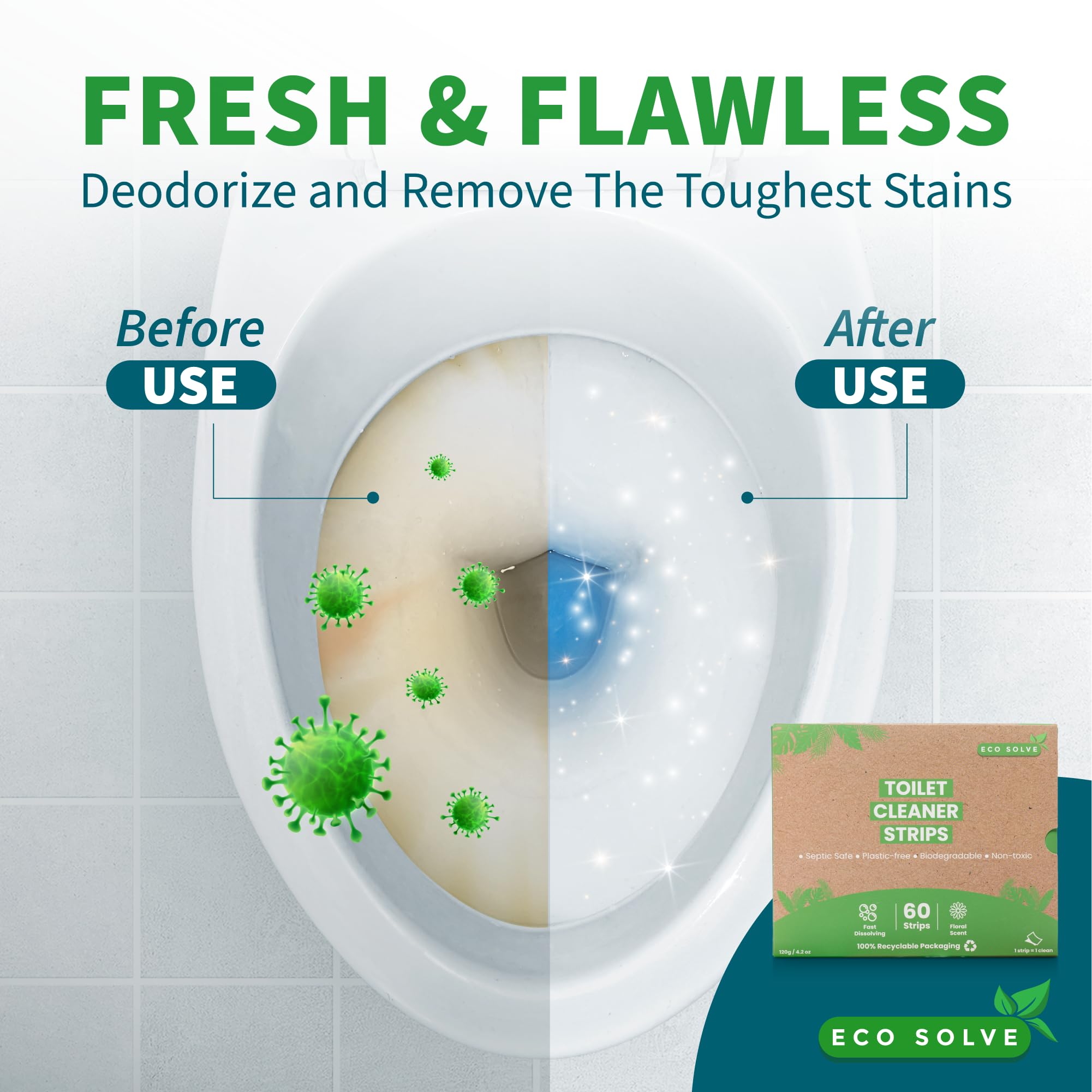 Natural Toilet Bowl Cleaner Strips, Eco-friendly, Non-toxic, Septic Safe, Removes Odors & Stains, Plastic-free, Natural Toilet Bowl Cleaner for Quick and Easy Cleaning, Toilet Fresheners (60 count)