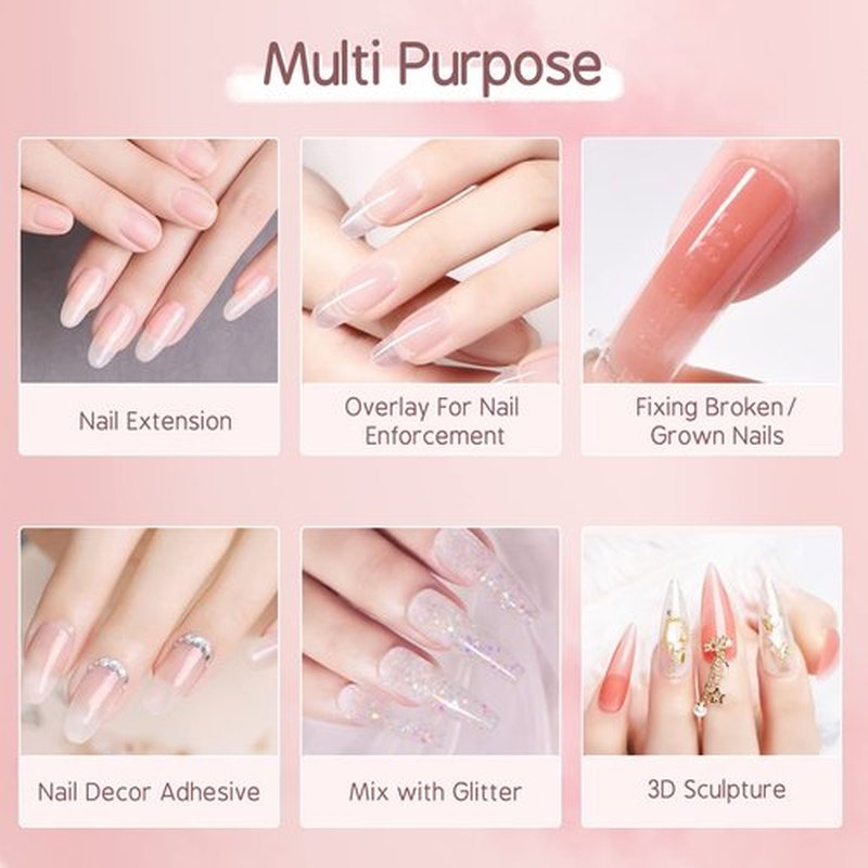 Poly Nail Gel Builder Kit - Clear & Light Pink Gel Extension Starter Kit with Slip Solution, Rhinestone, DIY Manicure Home Gift