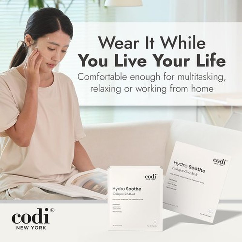 Codi New York Collagen Gel Mask, Non-Slip Breathable Micro-hole Hydrogel for Redness Relief & Glass Skin, Intense Hydration, Soothing, Moisturizing, 4 Sheets (Hydro Soothe)