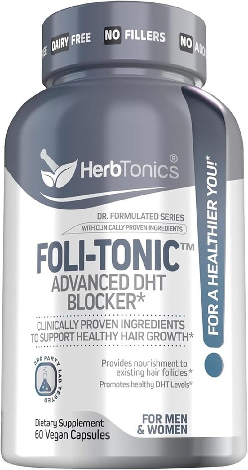 Foli Tonic Hair Growth Vitamins - DHT Blocker with Saw Palmetto & 10,000mcg Biotin | 60 Vegan Capsules for Thicker Hair