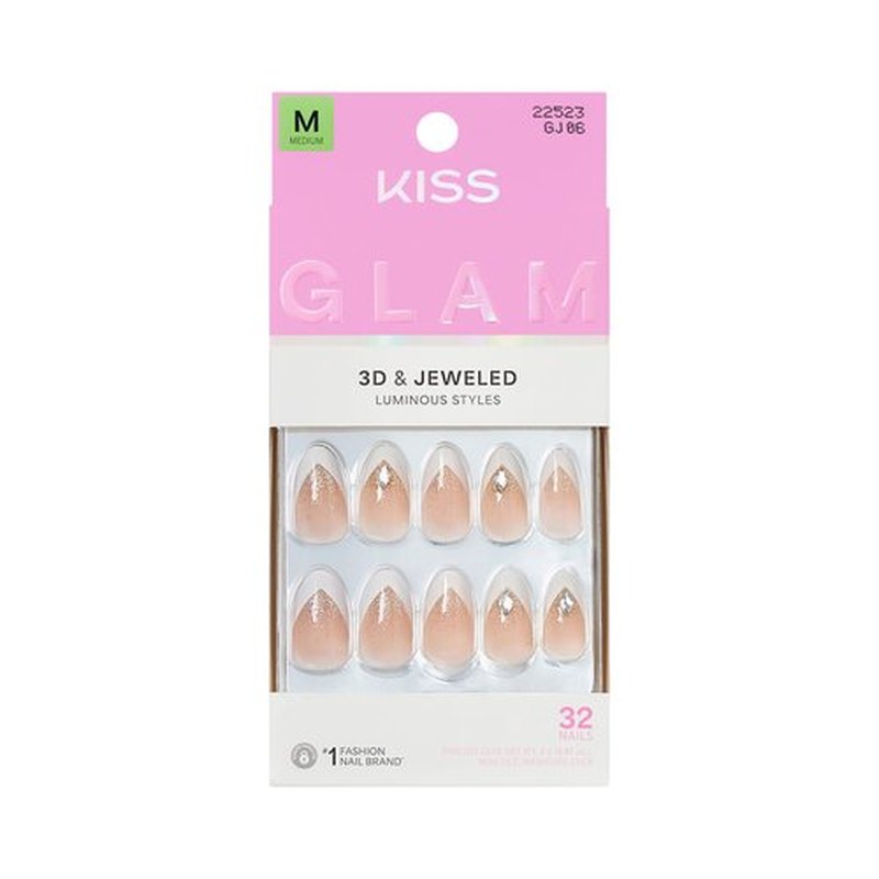 KISS GLAM Jeweled Press On Nails Almond, Applause, White, Medium, 32 Count