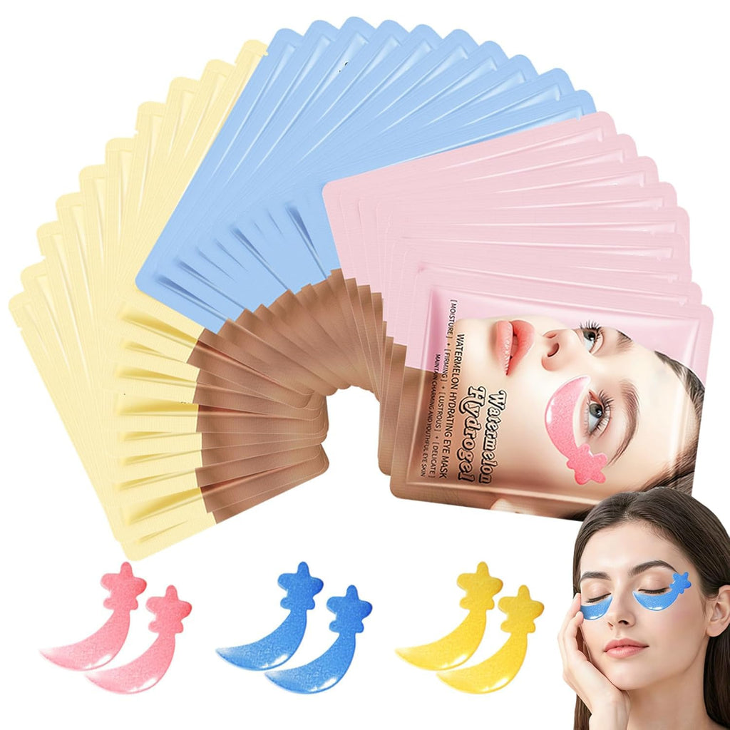 30 Pairs Under Eye Patches,Tri-color Star Under Eye Mask Patches for Sleepover Party,Cooling Eye Patches for Puffy Eyes and Dark Circles,Blueberry+Watermelon+24K Gold Hydrogel Overnight Eye Patches