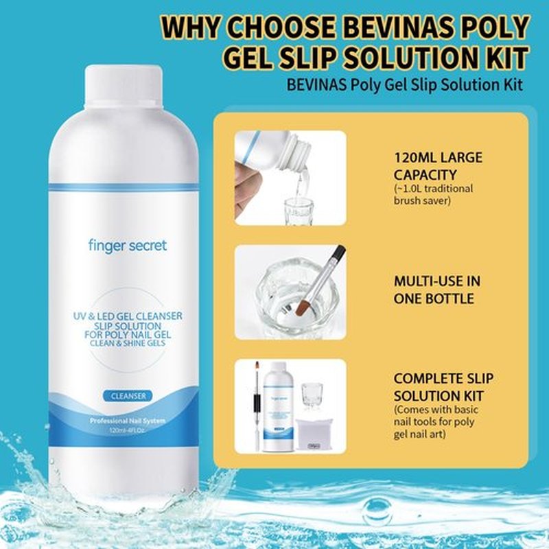 BEVINAS Slip Solution 4Fl.Oz Slip Solution Nail Extension Gel Liquid Slip Solution for Poly Gel Nails with Brush Spatula Glass Cup Nail Cleaning pads Gel Cleanser for Nails
