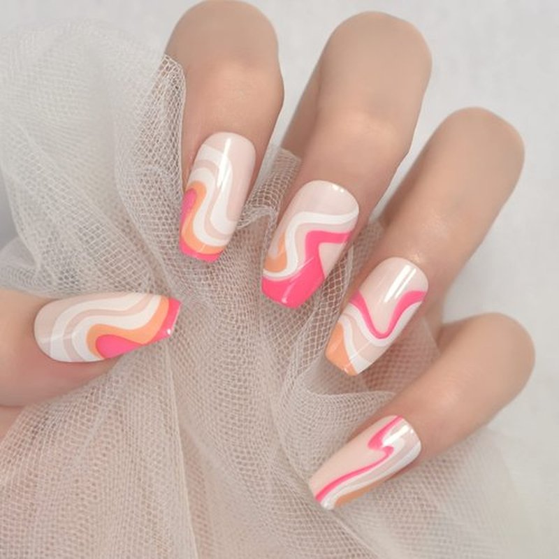 Pink Orange White Swirls, Medium Coffin Fake Nails, Glossy Design Nails Art Acrylic Full Cover Fake Nails, Women Girls Gift False Nails, Nails Stickers, Daily Date Festival Faux Ongles 24 pcs/kit