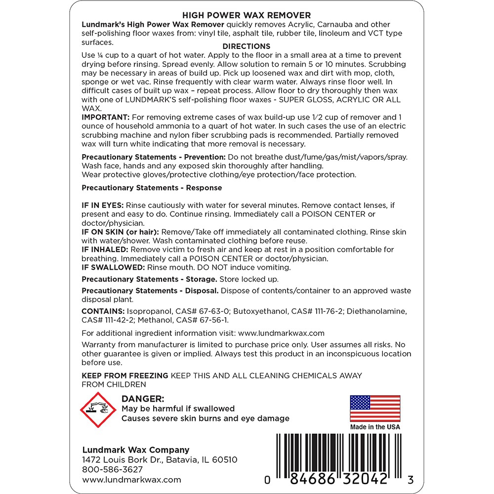 Lundmark High Power Wax Remover, Commercial Strength Floor Wax Stripper, 32-Ounce, 3204F32-6, Clear (LUN-3204F32-6)