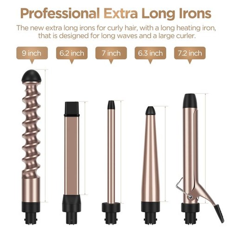PARWIN PRO BEAUTY 5 in 1 Curling Iron Set with 1 Extra Long 9" Spiral Wand, Professional Hair Wand Curler, Up to 450F, LED Display, Gold, Includes Heat Protective Glove & 2 Clips