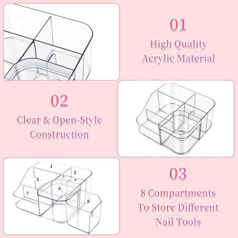 BQAN Transparent Acrylic Nail Desk Organizer, Drill & Brush Holder, Professional Storage Box for Nail Tools, Makeup, Eyeshadows, Skin Care