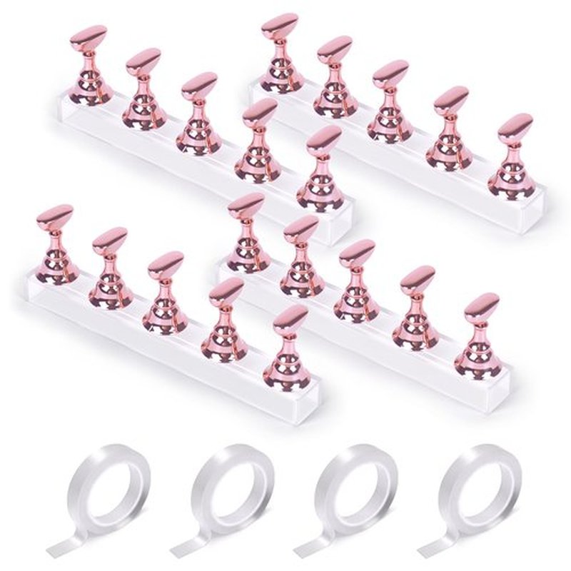 JUSTOTRY 4 Sets Pink Nail Painting Practice Stand With 1M Double-sided Tape Acrylic Fake Nail Art Holder For Press Ons Magnetic Nail Display Design Tools Kit Accessories For Home Diy Salon Supplies