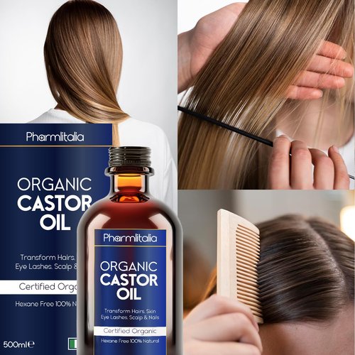 Pharmlitalia Caster Oil Organic Cold Pressed Unrefined Glass Bottle - Organic Golden Castor Oil for Face, Scalp, Eyelashes, Skin Care and Nails - Aceite De Castor Organico Puro - 500ml