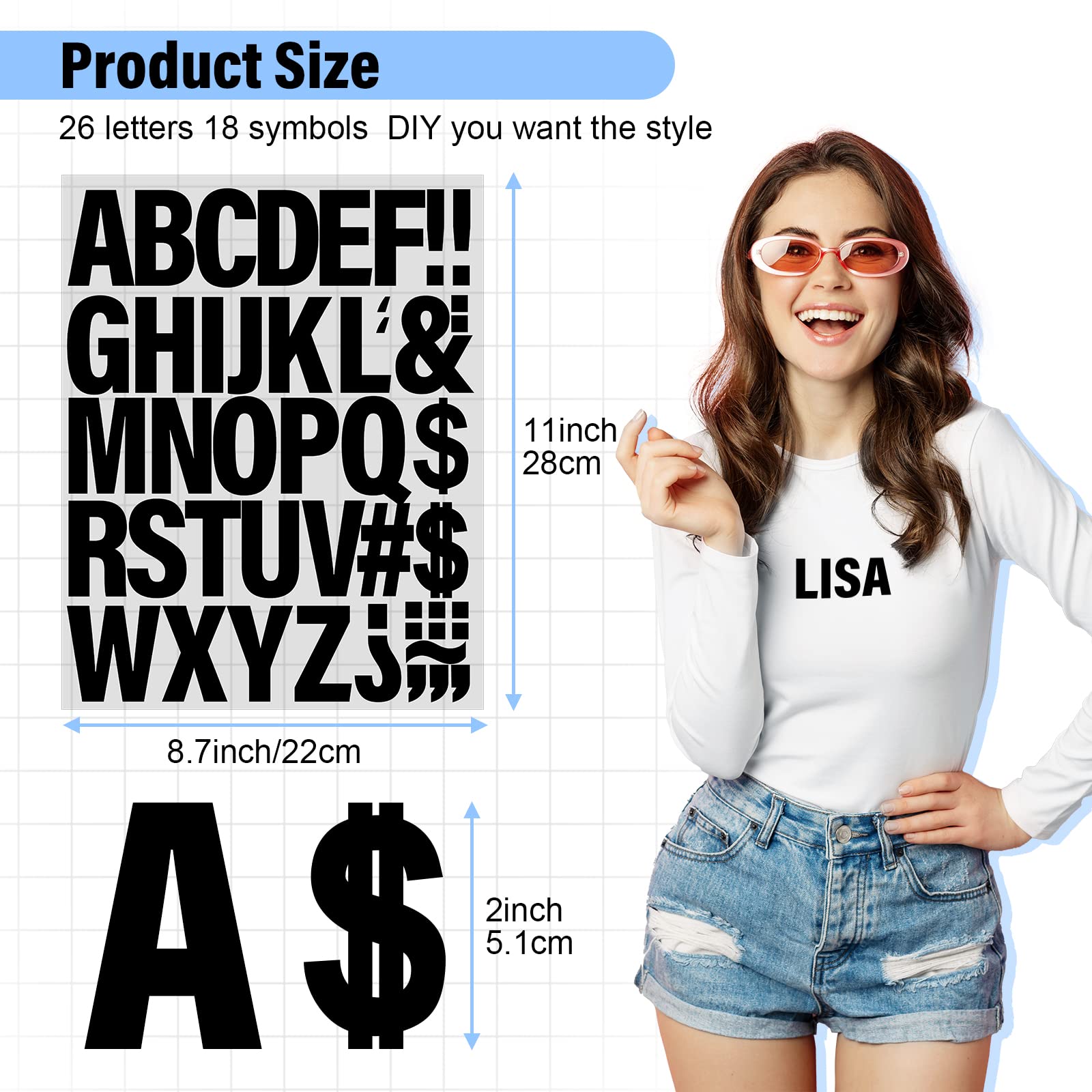 Lucomb 10 Sheets 440 Pieces Iron on Letters, 2 Inch Heat Transfer Vinyl Letters with A-Z PU Alphabets Sticker for Fabric, Clothing T-Shirt Printing DIY Craft