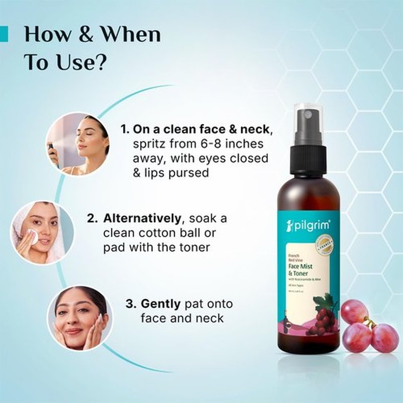 Pilgrim French Red Vine Face Mist - Hydrating Toner with Niacinamide & Aloe | Alcohol-Free | 3.38 Fl Oz (100ml)