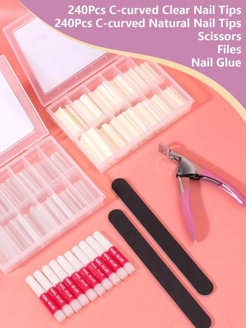 480PCS Extra Long C Curve Nail Tips and Glue, 2 Packs Natural and Clear Acrylic for Nails Professional Set, 12 Sizes Artificial Straight Square French False Nail Tips