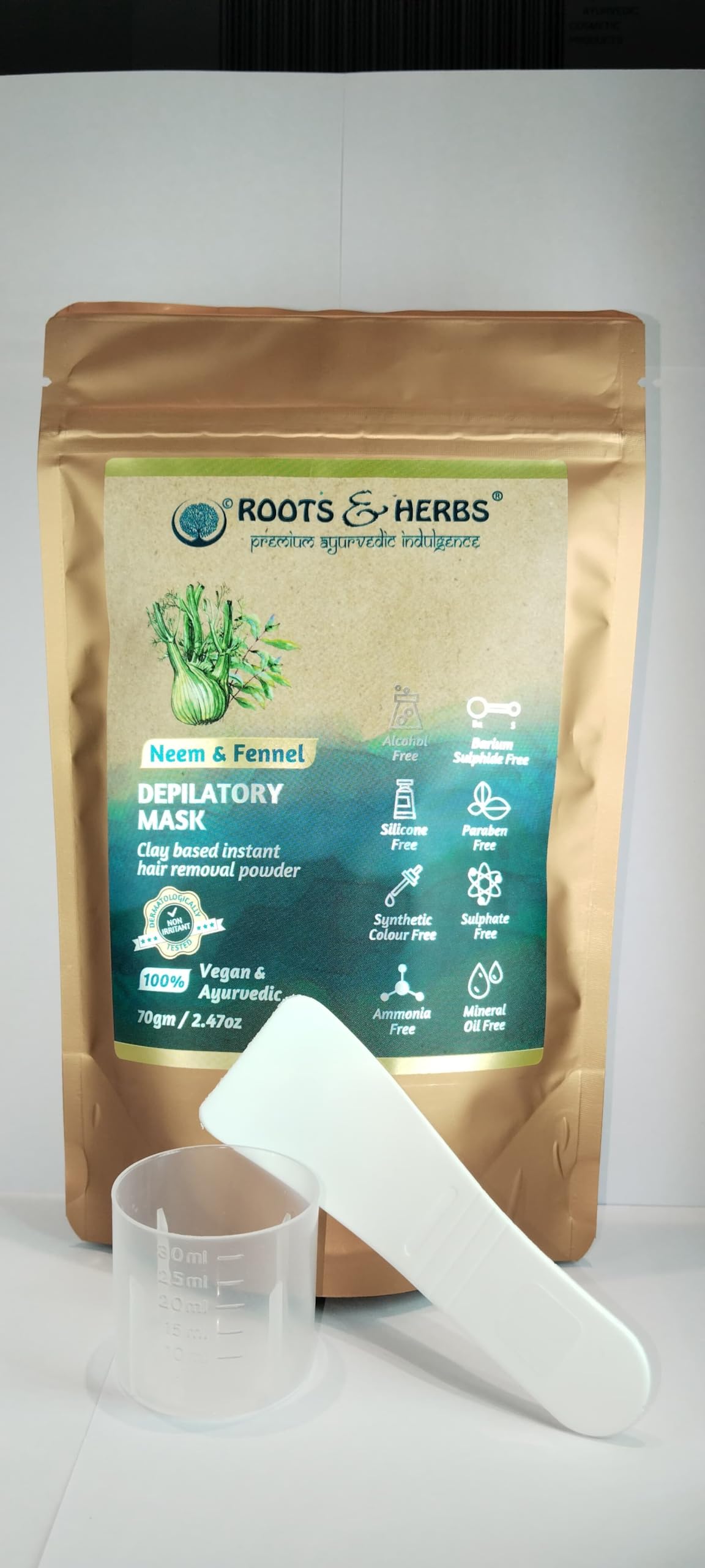 Neem & Fennel Hair Intimate Bikini Hair Removal for Women’s & Men’s Legs, Underarm, & Chest,- Depilatory Powder Body Hair Remover with Ayurvedic Herbs for All Skin Types - Roots and Herbs, 2.47oz