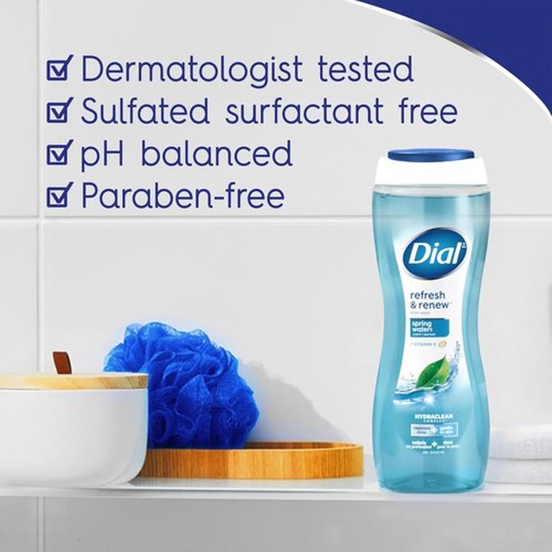 Dial Body Wash - Refresh & Renew Spring Water | 16 Fl Oz (Pack of 4) with Hydraclean Complex & Vitamin E, Gentle & Nourishing