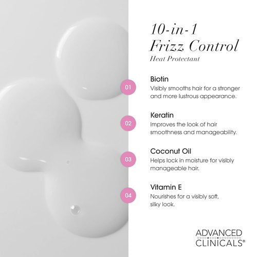 Advanced Clinicals 10-in-1 Anti-Frizz Hair Cream - Hydrating Heat Protectant for Dry, Damaged Hair | 7.5 Fl Oz